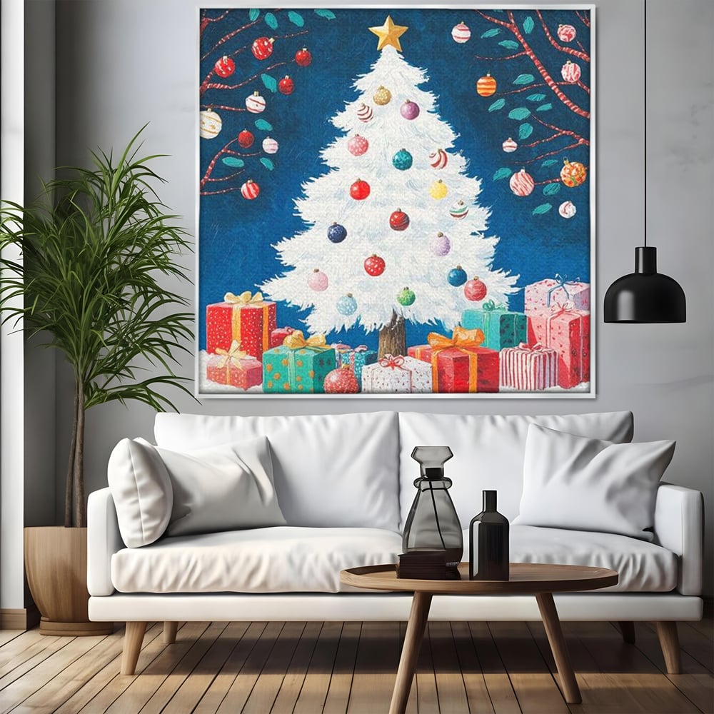 Tablou canvas cu pictura cu brad alb de craciun, in rama de aluminiu argintiu, pe perete intr-un living